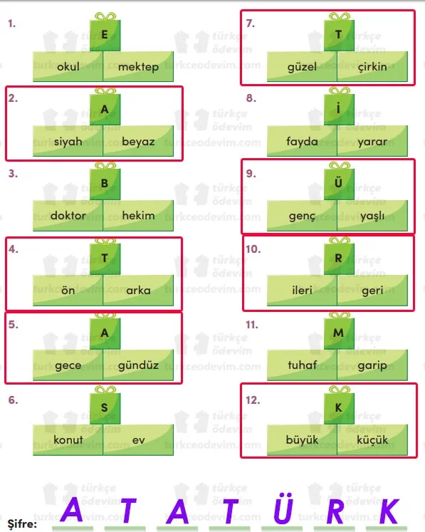 3. Sınıf MEB Yayınları Her Eve Asılması Gereken Çanakkale Menüsü Metni Etkinlik Cevapları - Zıt Anlamlı Kelimeler