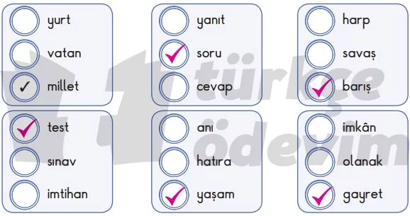 Millî Mücadele ve Atatürk Tema Sonu Değerlendirme Cevapları - Eş Anlam